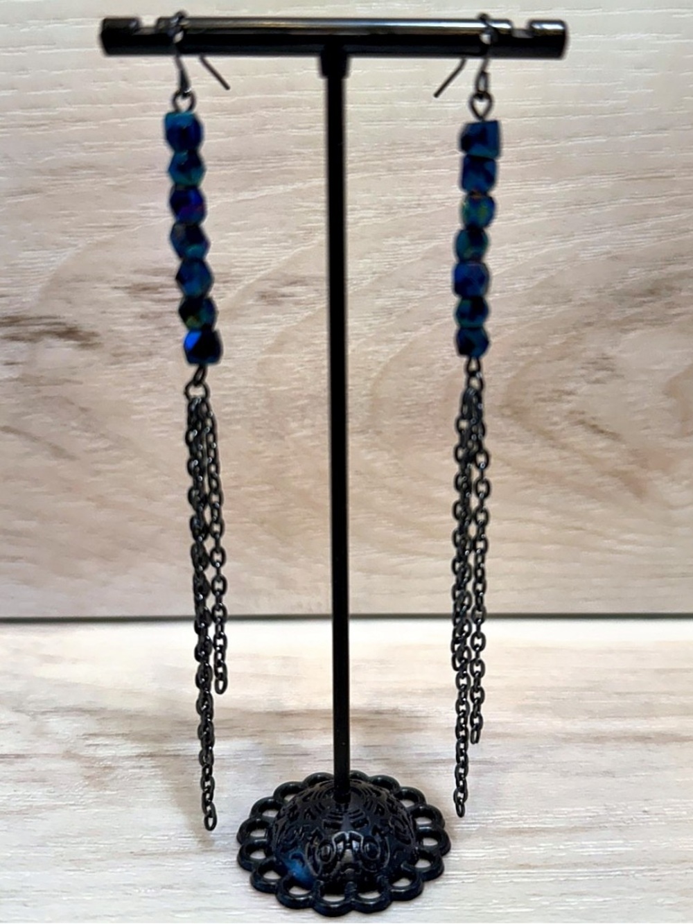 OOAK 4.5”L Vintage Glass Beaded Earrings w/ Gunmetal Chains Custom Handmade